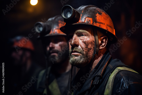 Coal miners wearing protective helmets with lights, work diligently deep within the earth, extracting vital energy resources