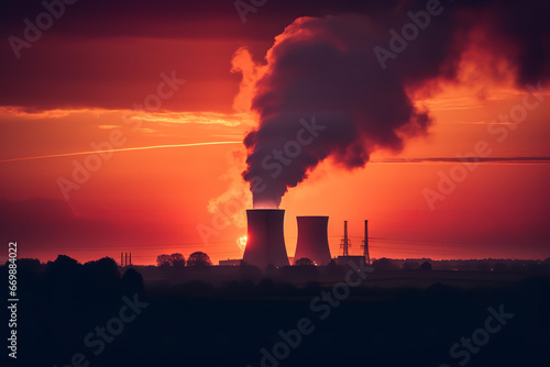 The silhouette of a nuclear power plant stands prominently against a crimson evening sky, signifying atomic energy production