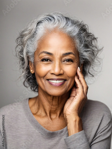 Beautiful older woman of colour. She has smooth healthy skin. With gray hair and a happy smiling, one hand touching her face. For beauty and cosmetics advertising concept. 