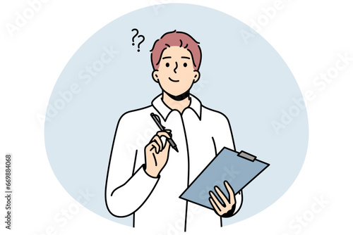 Man thinks, holds clipboard, pen in hands. Guy selects phrases for speech. Office worker, employee, manager prepares documents for signing contract, presentation. Vector outline illustration.