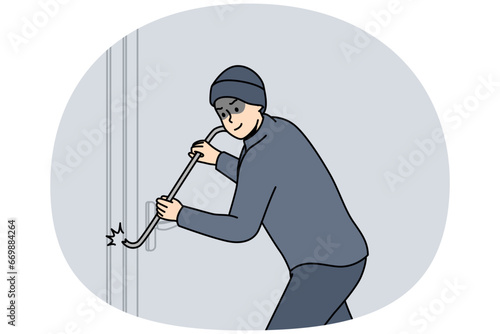 Robber in dark clothing force lock of building door with metal picklock. Thief is trying to enter into house. Bandit, burglar wants to penetrate to bank, shop. Vector linear colored illustration.