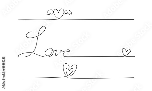 Set of continuous drawing of heart shape with love sign in simple linear style.