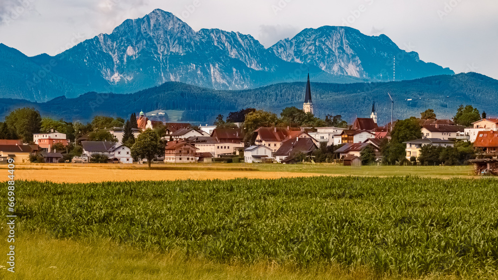Alpine summer view with a church near Freilassing, Berchtesgaden, Bavaria, Germany