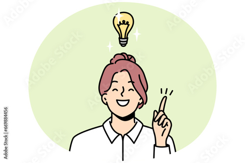 Shining light bulb over head of smiling girl. Woman with index finger up found solution to problem, startup concept. Businesswoman came up with brilliant idea, innovation. Vector graphics in color.