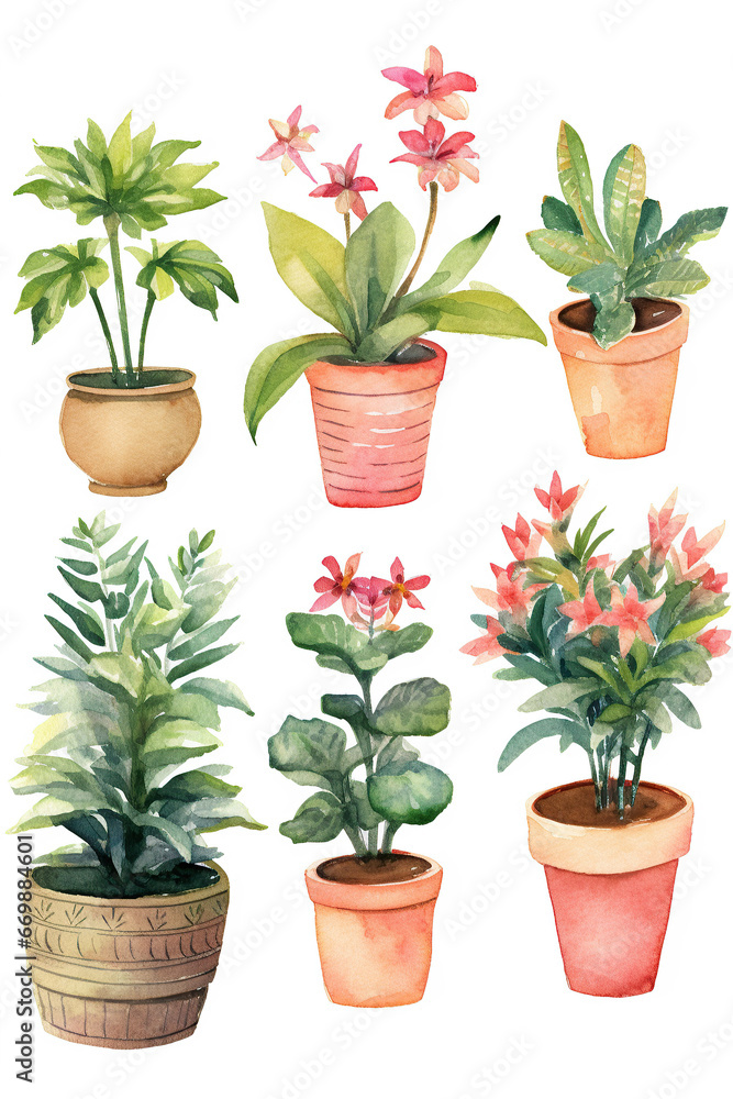 Plant flower pot set collection watercolor clipart isolated on white background