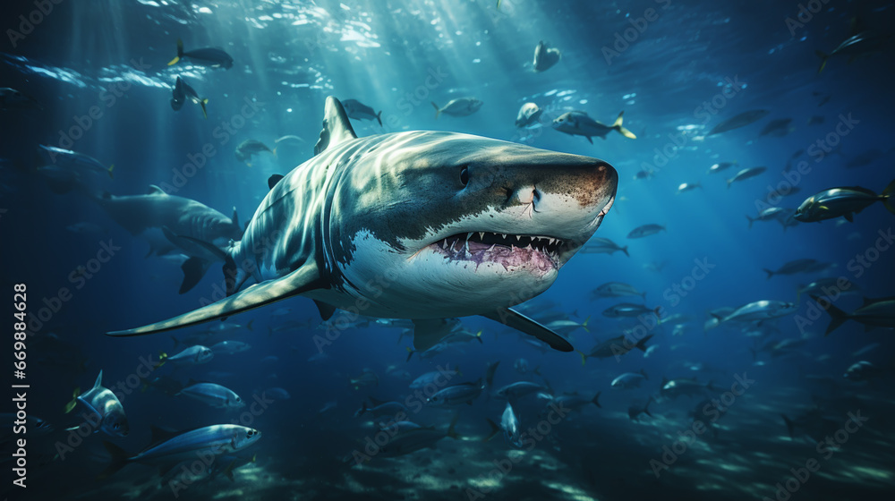 Fototapeta premium Ocean shark bottom view from below. Open toothy dangerous mouth with many teeth. Underwater blue sea waves clear water shark swims forward