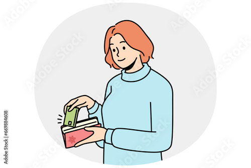 Young woman takes out bank credit or debit card from her wallet to pay for purchases. Girl is ready to make cashless payment. Customer pays for goods. Vector minimalistic modern design.