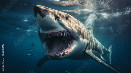 Ocean shark bottom view from below. Open toothy dangerous mouth with many teeth. Underwater blue sea waves clear water shark swims forward