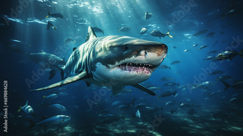 Ocean shark bottom view from below. Open toothy dangerous mouth with many teeth. Underwater blue sea waves clear water shark swims forward © alexkich