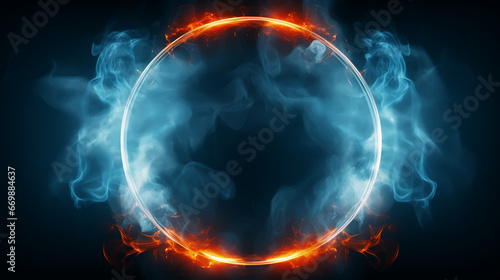 Neon blue color geometric circle on a dark background. Round mystical portal. Mockup for your logo. Futuristic smoke. Mockup for your logo. © alexkich