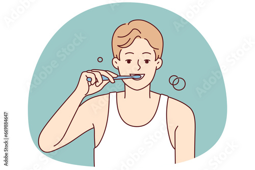 Smiling young man brushing teeth with toothbrush in morning. Happy guy do oral care daily routine in bathroom. Good habit. Vector illustration.
