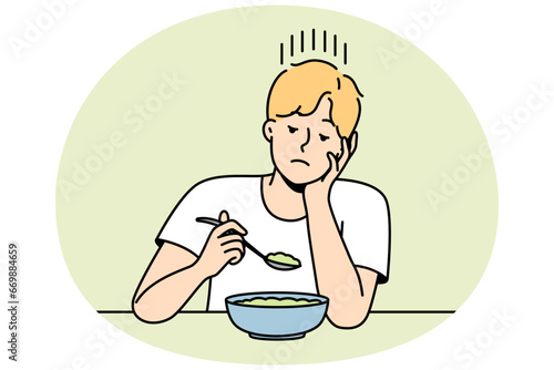 Guy without appetite looks at lean soup or salad made from vegetables. Man follows diet prescribed by doctor. Boy sadly eating vegetarian dish. Vector contour line colorful isolated illustration.