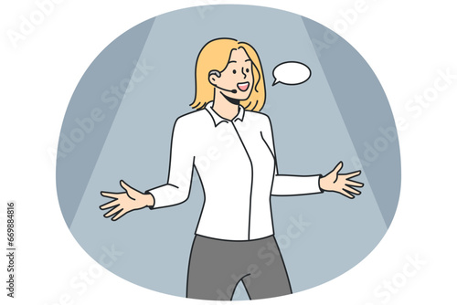 Stand-up comedian woman. Girl tells funny interesting story, shows something on stage. Lady performing in front of audience. Speech bubble. Speaker, actor. Vector linear colored illustration.