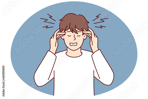Suspicious young man look in door lock. Smiling guy peep in door hole spy after neighbors at home. Vector illustration.