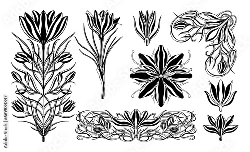 Floral crocus plant in art nouveau 1920-1930. Hand drawn crocus in a linear style with weaves of lines, leaves and flowers.