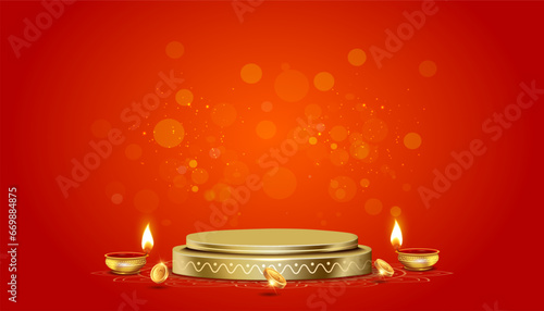 Indian festival Akshaya Tritiya red golden banner poster background with podium stage show cash and gold coins design.