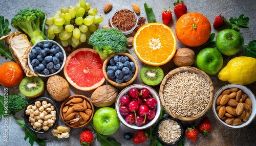 Healthy food with fruits  vegetables and grains