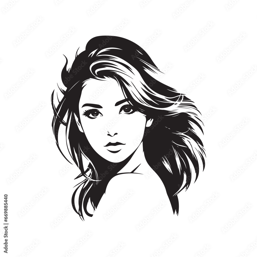 Black and white vector girl with loose hair Black and white vector girl with loose hair