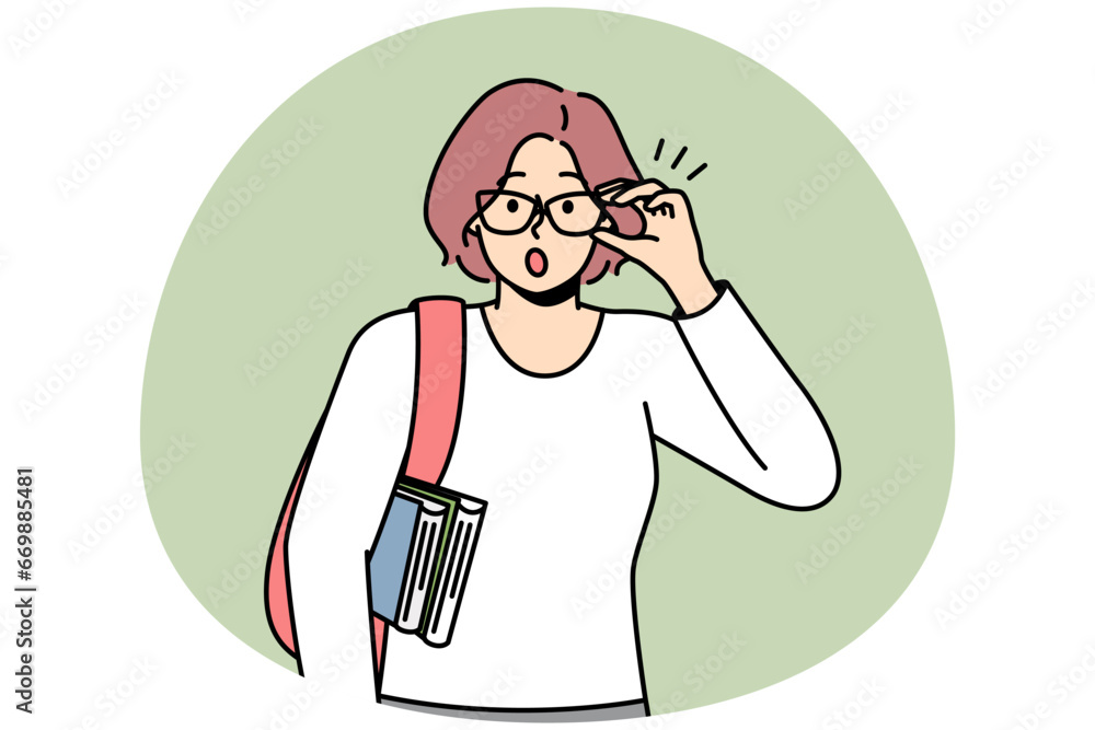 Woman wondering about something, touching her glasses. Lady with shoulder bag, books is surprised to see unusual thing. Teacher, lecturer shocked. Vector contour line coloured illustration.