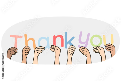 Hands of people with different skin colors hold letters forming phrase Thank you. Multicultural arms, palms making lettering about gratitude, appreciation. Vector minimalistic modern isolated design.
