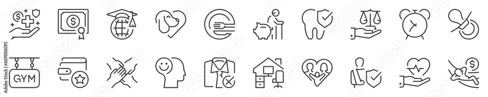 Employee benefits. Thin line icon set. Symbol collection in transparent background. Editable vector stroke. 512x512 Pixel Perfect. - obrazy, fototapety, plakaty 