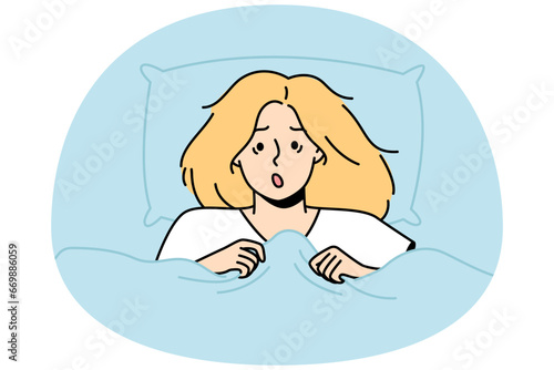 Portrait of shocked blonde lying in bed at home. Astonished woman peeks out from blanket. Girl woke up in horror after nightmare in dream. Insomnia vector outline illustration isolated on blue.