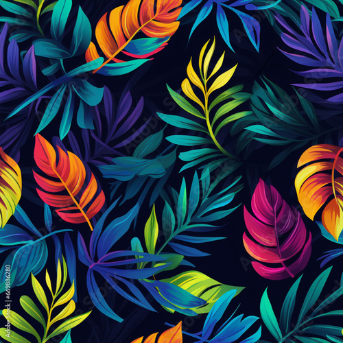 Tropical leaves seamless pattern on black background. Vector illustration.