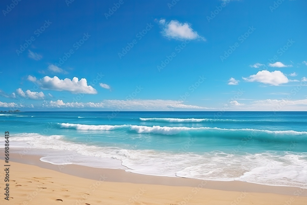 Nature landscape view of beautiful tropical beach and turquoise blue sea in sunny day. Vacation, travel, beach holiday concept. Generated by artificial intelligence Nature landscape view of beautiful tropical beach and turquoise blue sea in sunny day. Vacation, travel, beach holiday concept. Generated by artificial intelligence