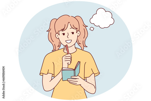 Smiling girl take notes in notebook make plans or dreams. Happy child handwrite in notepad brainstorming or daydreaming. Vector illustration.