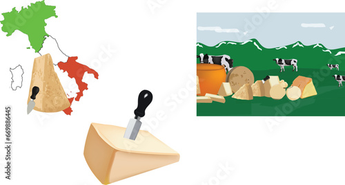Parmigiano Reggiano Italian cheese with mountain landscape-