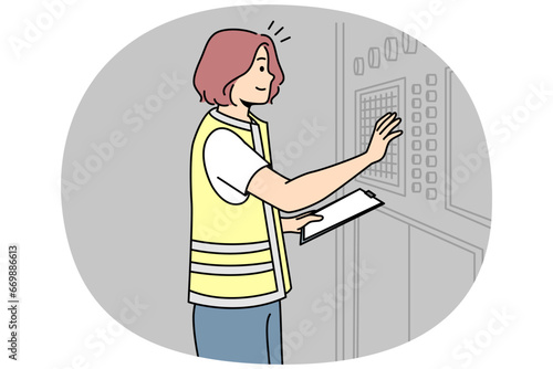 Girl in uniform adjusts industrial equipment on control panel with buttons in factory. Woman worker checks settings, current state, performance at plant. Vector thin line colored illustration.