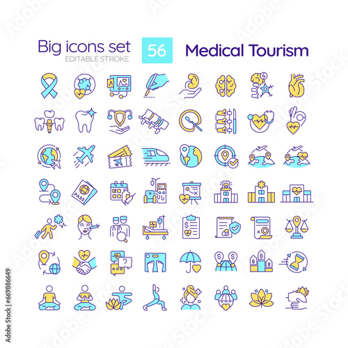 2D editable multicolor big line icons set representing medical tourism, isolated vector, linear illustration. © bsd studio
