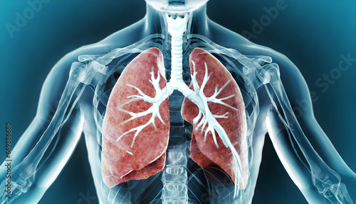 Male anatomy of the human lung system. 3d rendering concept and medical technology network. Generative AI photo