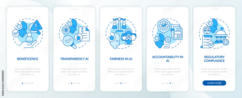 2D icons representing cyber law mobile app screen set. Walkthrough 5 steps blue graphic instructions with line icons concept, UI, UX, GUI template.