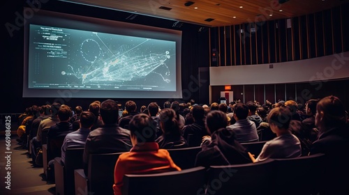 Conference in a university auditorium with a large screen on the wall photo
