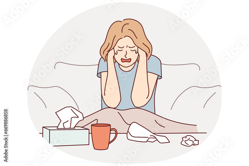 Unhappy young woman sit on couch at home crying suffering from depression or life problems. Sad girl feel down distressed alone. Breakup and mental trouble. Vector illustration.