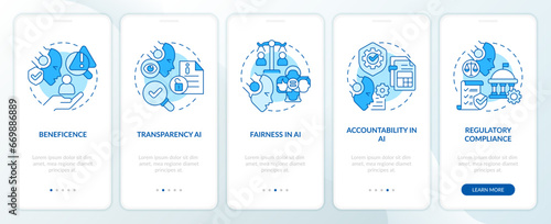 2D icons representing cyber law mobile app screen set. Walkthrough 5 steps blue graphic instructions with line icons concept, UI, UX, GUI template.
