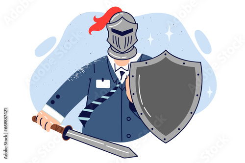 Knight in business clothes and helmet holds shield and sword, for concept of security services