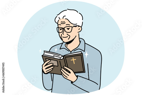 Elderly man looks into Holy Scripture. Pensioner is reading Bible. Grandfather holding open Cods book. Old christian praying, asks for help, blessings from higher powers. Vector linear illustration.