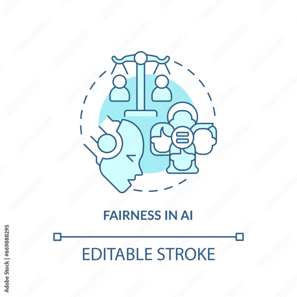 2D editable blue fairness in AI icon, monochromatic isolated vector, cyber law thin line illustration. 2D editable blue fairness in AI icon, monochromatic isolated vector, cyber law thin line illustration.