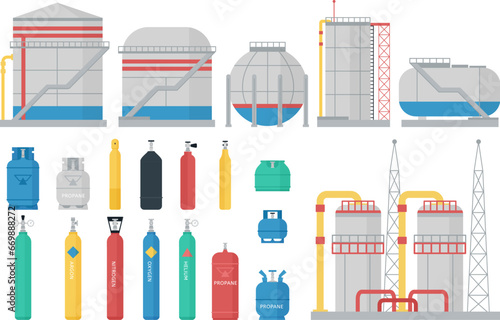 Gas petroleum storages. Oxygen cylinders, isolated industrial storage for liquid chemical products. Lpg bottles, cylindrical containers decent vector set