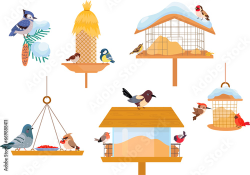 Cute bird feeder. Winter birds eating in various wooden feeders. Cartoon tit and pigeon, bullfinch and sparrow. North nowaday vector elements