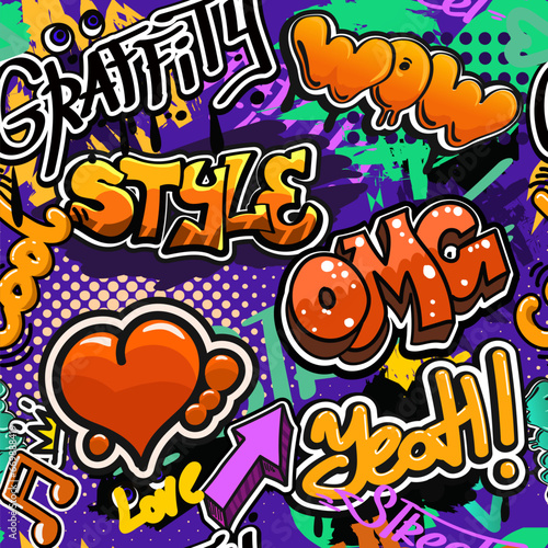 Street wall graffiti art. Seamless abstract urban print background. Hip hop doodle vector design. Vector