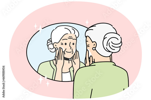 Elderly lady puts anti-aging cream on face in front of mirror. Old woman takes care of facial skin to remove wrinkles. Pensioner wants to stay young, doing beauty routine. Vector linear illustration.