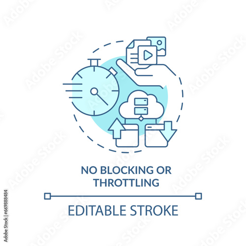 2D editable blue no blocking or throttling icon, monochromatic isolated vector, cyber law thin line illustration.