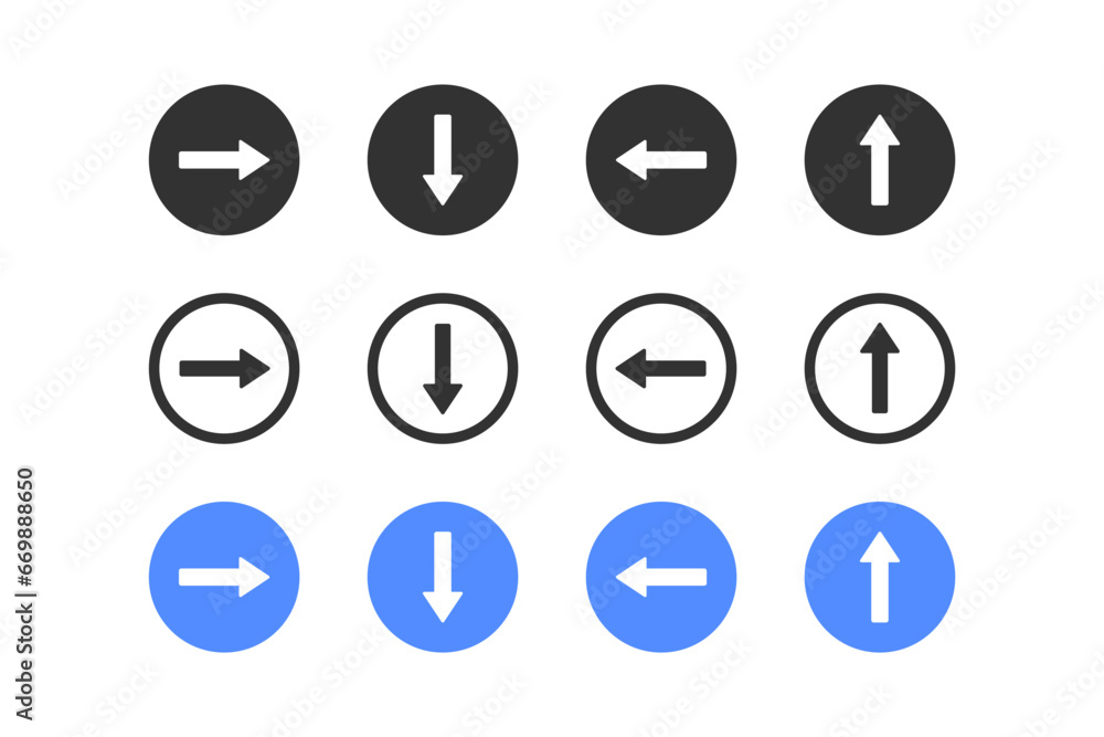 Arrow left, right, up, down icon. Direction symbol. Next signs. Back symbols. Round button icons. Black, blue color. Vector sign. Arrow left, right, up, down icon. Direction symbol. Next signs. Back symbols. Round button icons. Black, blue color. Vector sign.