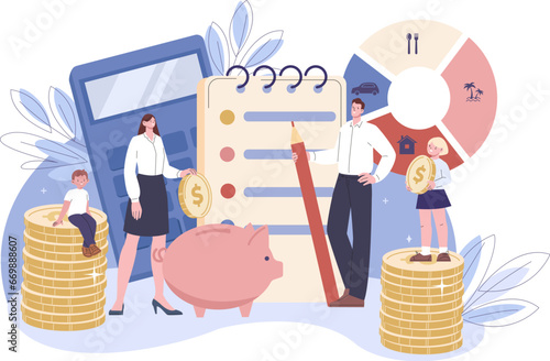Family planning budget and finance. Parents and children with money, piggy bank and list. Monthly calculating money, household bank kicky vector scene