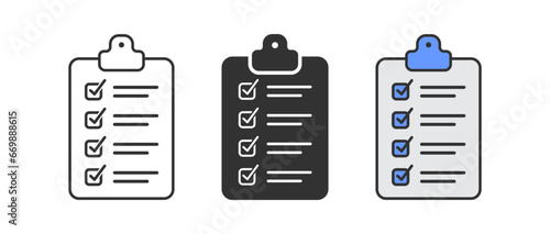 Clipboard icon. Checklist symbol. Document test signs. Complete work on the board symbols. Office clip icons. Black, flat color. Vector sign.