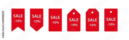 Sale -10%. Red coupon symbol. Discount signs. Best offer. Sticker percent. Market promo. Buy a special offer. Vector sign.