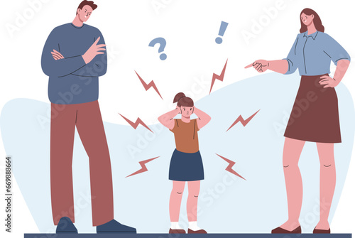 Parents scream at child. Aggressive mother and father behavior, scold little girl. Angry and sad family characters, toddler covers his ear, kicky vector scene
